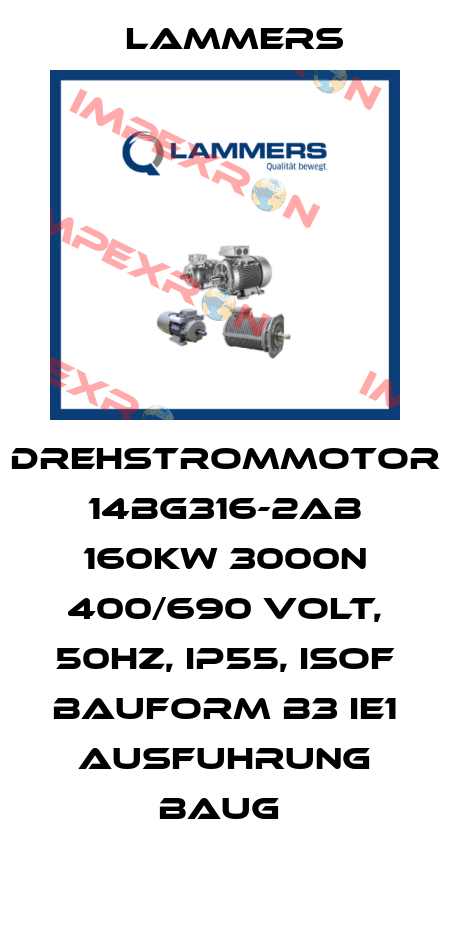 DREHSTROMMOTOR 14BG316-2AB 160KW 3000N 400/690 VOLT, 50HZ, IP55, ISOF BAUFORM B3 IE1 AUSFUHRUNG BAUG  Lammers