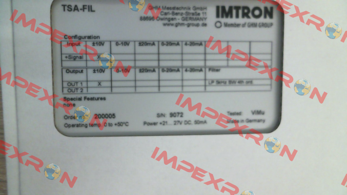501542 TSA-FIL1-V1-5K-BW-V1 Imtron