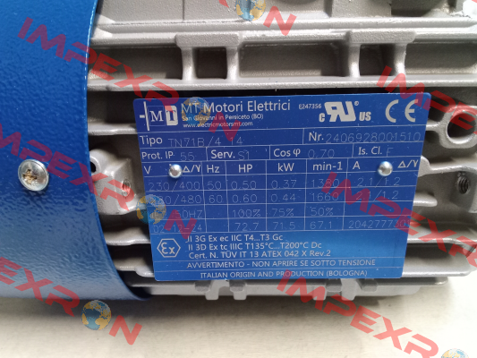 MT-TN 71b 4p 0.37Kw 230/400V.50Hz B14-8f IP55 cl.F IE2 Motori Elettrici