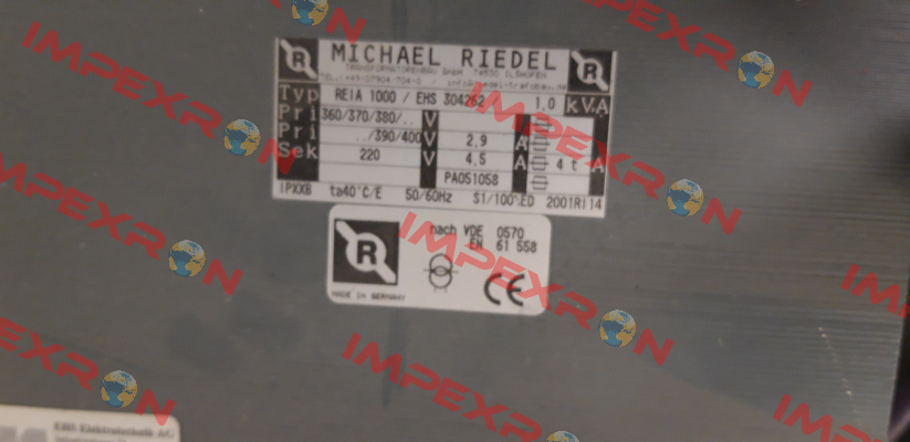P/N: 0053/00000196 Type: REIA1000 1000VA IP00 Michael Riedel Transformatorenbau
